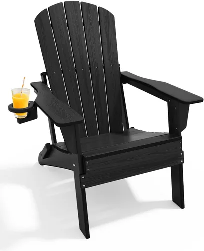 Miniatura 22 de Juego de sillas plegables Adirondack de 3 piezas, respaldo extra alto de 38 pulgadas y grano de madera en relieve, muebles de patio de polietileno
