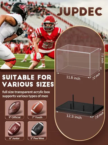 Miniatura 4 de JupDec Vitrina de fútbol americano de tamaño completo, caja transparente de acrílico con soporte de madera, soporte para recuerdos con protección