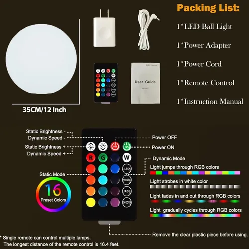 Miniatura 8 de Lámpara de pie con forma de globo, luz LED de bola de 14 pulgadas con control remoto, 16 colores RGB, regulable, recargable, lámpara de globo