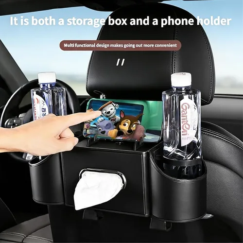 Miniatura 5 de Organizador de asiento trasero de automóvil, organizador de automóvil 4 en 1, asiento trasero con portavasos y caja de pañuelos, organizador de Negro