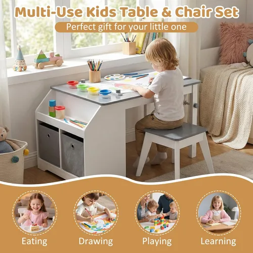 Miniatura 6 de HONEY JOY Juego de mesa y silla de arte para niños, juego de actividades de artesanía de madera con rollo de papel, estante de almacenamiento
