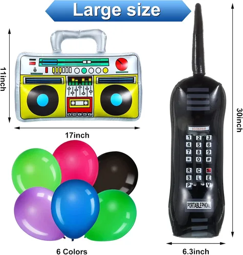 Miniatura 2 de Xuhal Decoraciones de fiesta de los años 80, pancarta de fondo de fiesta de regreso a los 80 con radio inflable Boombox y teléfono móvil, globos