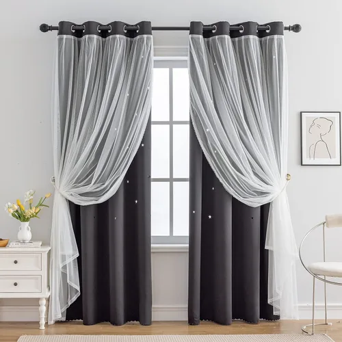Miniatura 15 de indistar Cortinas opacas con recortes de estrellas para dormitorio de niña, cortinas de oscurecimiento de habitación y cortinas para habitación