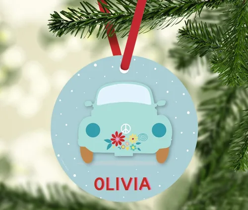 Miniatura 2 de Andaz Press Adorno de Navidad redondo personalizado de metal, hippie de los años 70 VW Aqua Bug, 1 paquete, decoraciones personalizadas