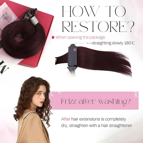 Miniatura 5 de Moresoo Extensiones de cabello humano con punta K de color burdeos, extensiones de cabello humano con punta en U, color rojo oscuro, 22 pulgadas