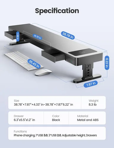 Miniatura 7 de meatanty Soporte de Monitor Doble con 4 Alturas Ajustables, Almohadilla de Carga Automática para Teléfono, 4 Puertos USB, Elevador de Computadora