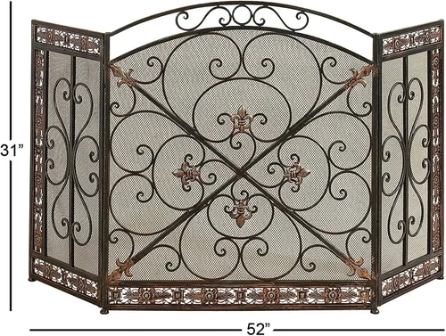 Miniatura 4 de Deco 79 Pantalla de metal para chimenea, plegable, arqueada, 3 paneles con detalles de flor de lis, 52 x 1 x 31 pulgadas, color negro