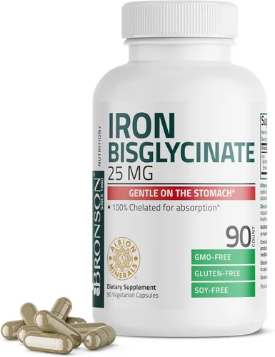 Bronson Bisglicinato de Hierro 25 mg Suave para el Estómago, Apoya la Energía y la Producción Saludable de Glóbulos Rojos - Fórmula sin