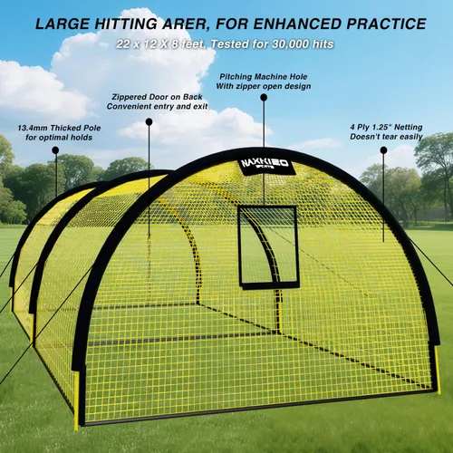 Miniatura 2 de Red de jaula de bateo de béisbol y sóftbol mejorada de 22 x 12 x 8 pies con agujero para máquina de lanzamiento, red antidesgarro de 4 capas de 1.25
