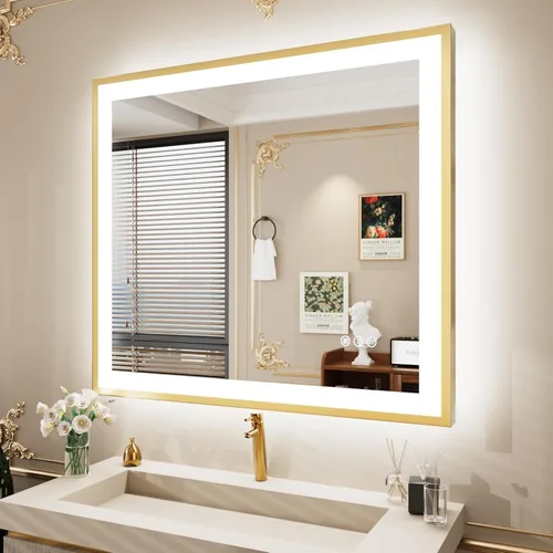 Miniatura 73 de Espejo de baño LED de 60x36 pulgadas con marco negro, espejos de baño retroiluminados y con luz frontal para pared, antiempañamiento, regulable