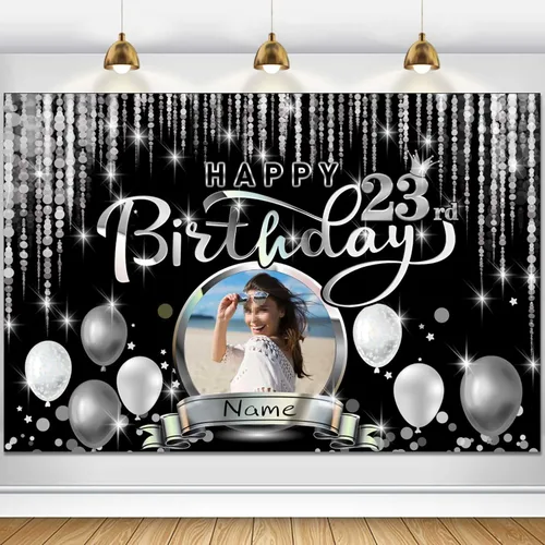 Miniatura 96 de Cartel de decoración de feliz cumpleaños número 100 personalizado - Personalización disponible - Negro y plateado - Tamaño grande - Admite fotos