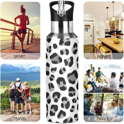 Miniatura 5 de Leopard Print Black Grey White Insulated Stainless Steel Water Bottle with Straw 20 Oz Leakproof Water Bottles, BPA-Free Sport Water Bottle