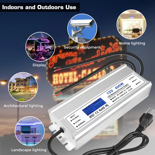 Miniatura 5 de Fuente de alimentación LED de 12 V 400 W, transformador de bajo voltaje impermeable IP67, convertidor de voltaje constante de CA a CC 12 V 33.3 A