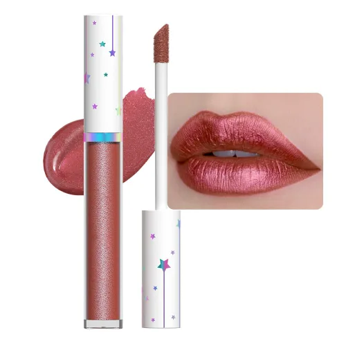 Miniatura 13 de evpct Juego de lápiz labial y brillo de labios 2 en 1 con purpurina color rosa nude metálico brillante para mujeres, de larga duración, impermeable