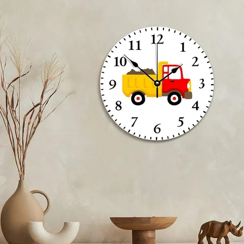 Miniatura 5 de Lindo reloj de pared de camión volquete para habitación de niños, cuarto de bebé, reloj de madera de 10 pulgadas, silencioso, sin tictac, funciona