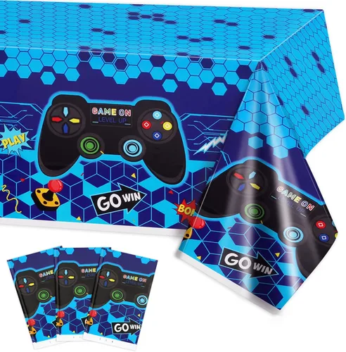 PHOGARY Paquete de 3 manteles de videojuegos, color azul, temática geek, decoración de fiesta de cumpleaños, suministros para jugadores infantiles,