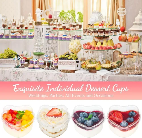 Miniatura 4 de TOFLEN Vasos de postre en forma de corazón de 5 onzas con tapas y cucharas, 300 unidades, sirve 100 unidades, mini vasos de plástico para postres