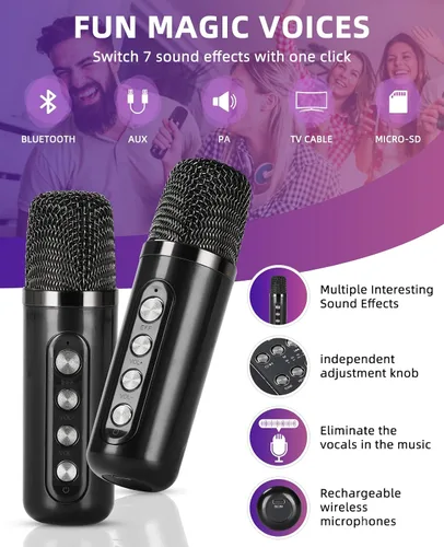 Miniatura 2 de Mini máquina de karaoke para adultos y niños, altavoz portátil de karaoke Bluetooth para TV, con 2 micrófonos inalámbricos, sistema de altavoces PA