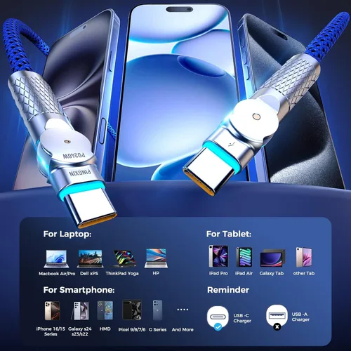 Miniatura 8 de Cable USB C a USB C de 6.6 pies, 240 W, paquete de 2 cables de carga tipo C trenzados giratorios de 180°, carga rápida para iPhone