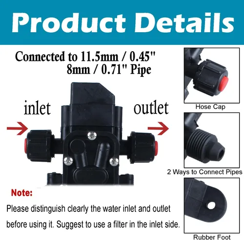 Miniatura 3 de Bomba de presión de agua Pulverizador Bomba autocebante 12v DC 70W 0.9MPA 130psi Home Booster conectado a 11.5mm/0.45inch 17.3mm/0.68inch Pipe