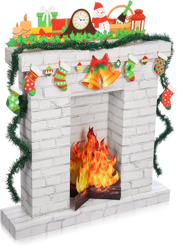 Miniatura 9 de AmazingSpark Chimenea de cartón corrugado de Navidad de 35.5 x 29 x 8 pulgadas, chimenea de cartón con media llama de fuego 3D, campana de pino