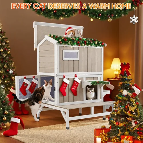 Miniatura 9 de PetsCosset Casa Aislada para Gatos de Exterior Resistente a la Intemperie con Balcón, Aislamiento Integral, Refugio de Madera para Gatos Ferales