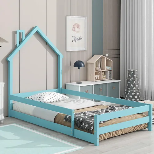 Miniatura 10 de Cama de plataforma de madera de tamaño individual con cabecero y cercas en forma de casa, sin tablillas, cama de piso para dormitorio de niños Verde