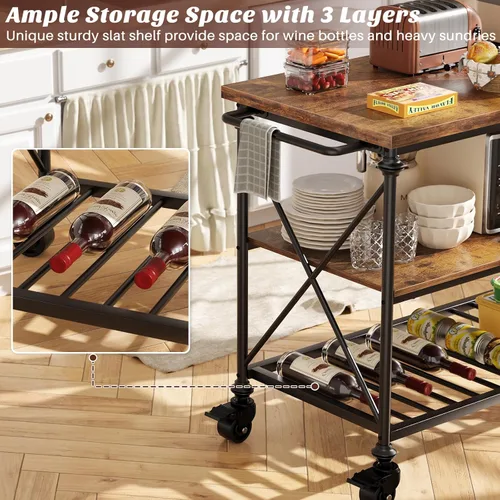 Miniatura 4 de Carrito de isla de cocina Homieasy con ruedas, mesa de isla de cocina rodante de 3 niveles de madera y metal con patas de tubo, estantes