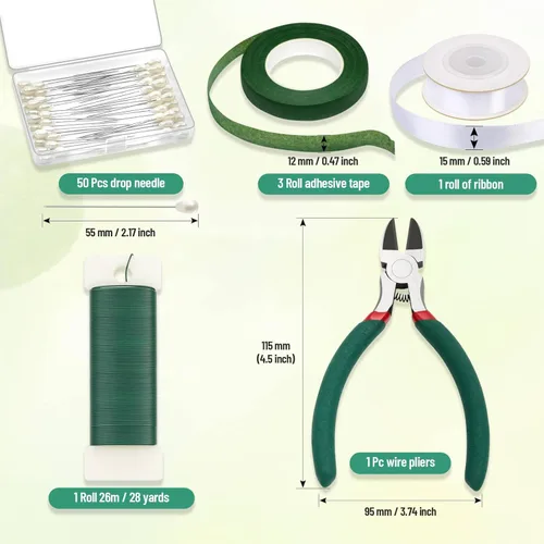 Miniatura 6 de PAXCOO Cinta floral y alambre, kit de arreglo de cinta florista y alambre floral con cinta blanca, pasador de botonero, cortador para ramos, Verde