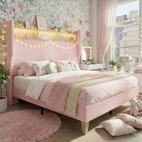 Miniatura 11 de HOMRELEXA Base de cama tamaño matrimonial para niñas con cabecera de 51 pulgadas de alto, luces LED y estación de carga, plataforma tapizada de pana