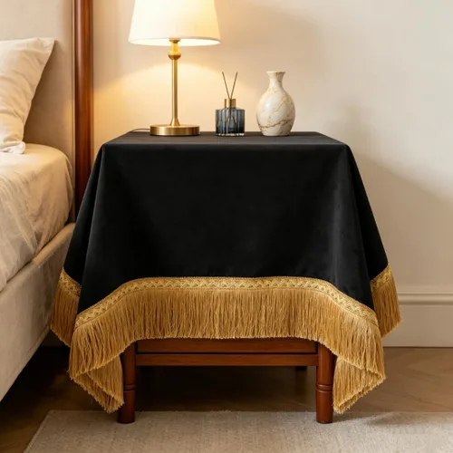 F-CHU - Funda de terciopelo negro de lujo para mesita de noche con flecos dorados, mantel decorativo para mesita de noche, a prueba de polvo, para