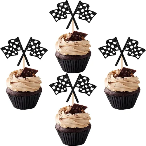 24 piezas de bandera de carreras a cuadros para cupcakes con purpurina negra para carreras, línea de acabado de coche de carreras, selecciones de