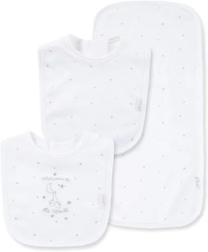 Little Me Clothes for Baby Boys’ and Girls’ 2 Bibs and 1 Burp Cloth Set, Soft Cotton Feeding Essentials with Velcro Closures Blanco