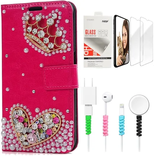 Bling - Funda de piel con tapa para Samsung Galaxy S21 Ultra con diseño de corona en 3D hecha a mano con protector de pantalla y protector de cable,