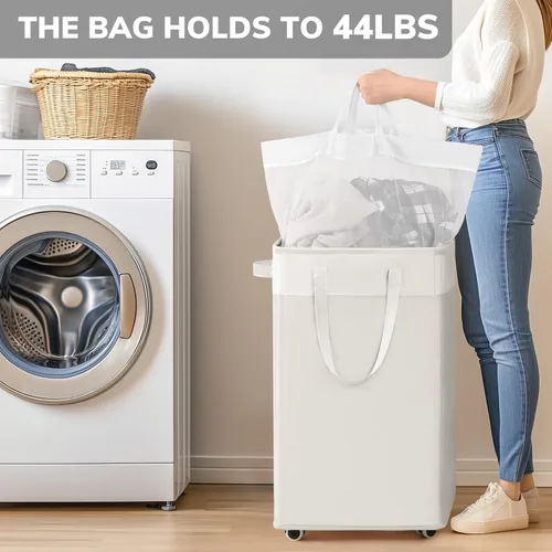 Miniatura 6 de Goodpick - Cesta de lavandería con ruedas, 75L, esenciales para dormitorio de universidad, cesta de ropa con bolsa de lavado extraíble para blanco