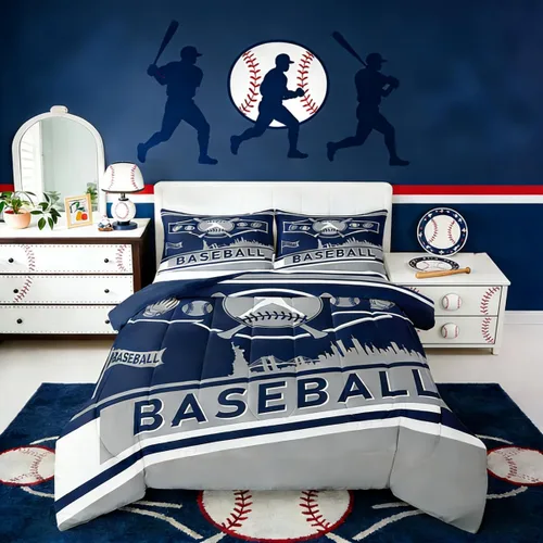Miniatura 10 de Juego de edredón con bandera de Estados Unidos, juego de ropa de cama de béisbol y sóftbol, tamaño Queen, edredón acolchado con estrellas blancas