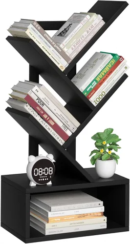 Miniatura 30 de SHEEPAM - Estantería pequeña con cajón, estantería de 4 niveles en forma de árbol en color negro, estantería de escritorio de madera, estanterías