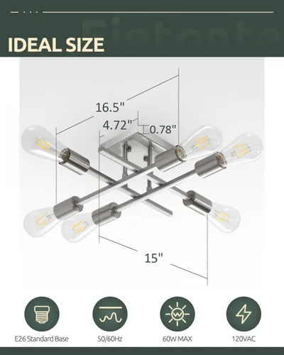 Miniatura 3 de Lámpara de techo semiempotrada de 6 luces, níquel cepillado industrial cerca del techo, moderna base E26 Sputnik lámpara de techo para cocina