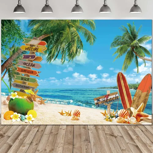 Miniatura 6 de Tela de poliéster de 7 x 5 pies, telón de fondo de playa de verano, fondo de playa tropical, isla de palmeras, fotografía, cielo de mar azul