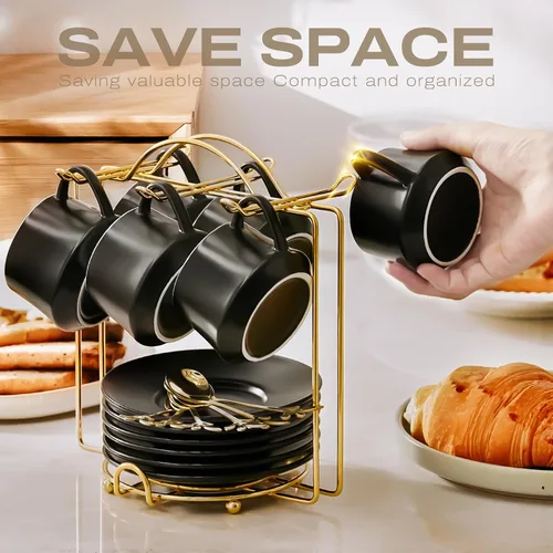 Miniatura 3 de Lareina Juego de 6 tazas de café de porcelana de 3 onzas, tazas de café apilables con platillos, cucharas y soporte de metal, tazas de cerámica