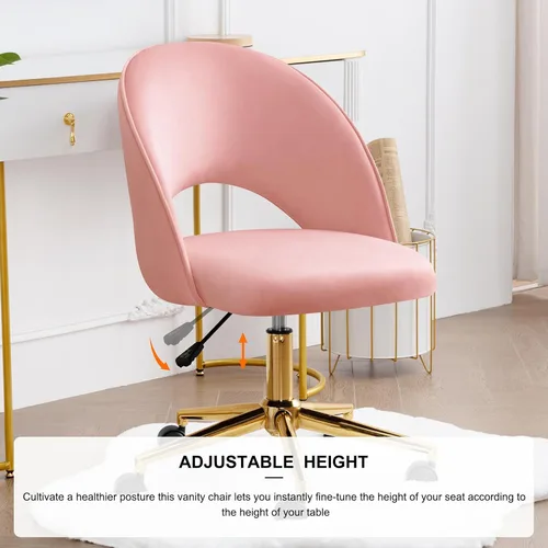 Miniatura 6 de Furnimart Silla de escritorio sin brazos rosa, silla de tocador giratoria de terciopelo con patas doradas, linda silla de tareas con ruedas