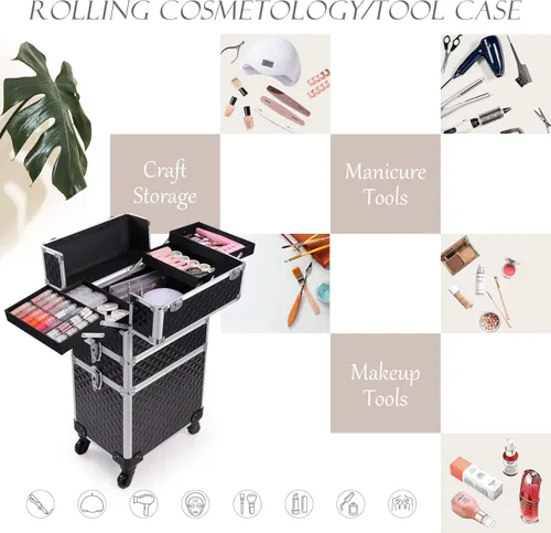 Miniatura 4 de estuche profesional 3 en 1 para maquillaje rodante, estuche de tren de aluminio con ruedas de rotación 360° para artista de maquillaje, maleta