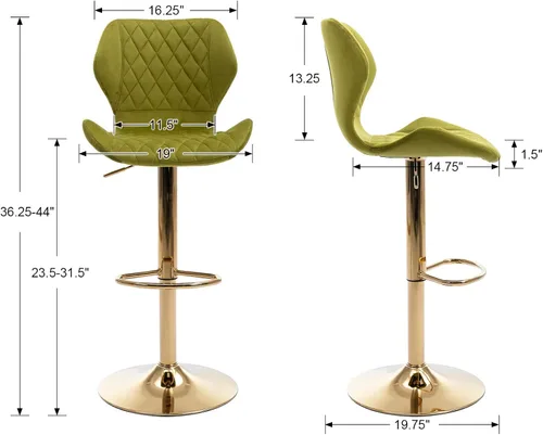 Miniatura 2 de Juego de 2 taburetes de bar de terciopelo ajustables verdes con patas doradas, modernas sillas de bar giratorias para isla de cocina, comedor, bar
