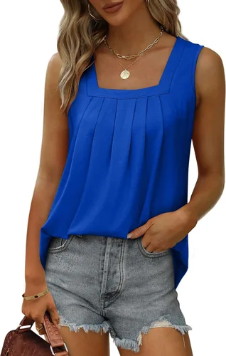 Miniatura 192 de Saloogoe - Camisetas sin mangas veraniegas para mujeres, plisadas con cuello cuadrado y dobladillo curvado, blusas de ajuste holgado con movimiento