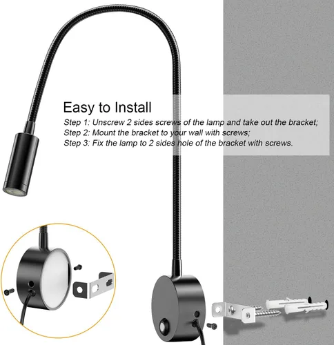 Miniatura 7 de Luz de lectura LED montada en la pared con cuello de cisne flexible de 15 pulgadas, luz de libro regulable para leer en la cama con puerto de carga