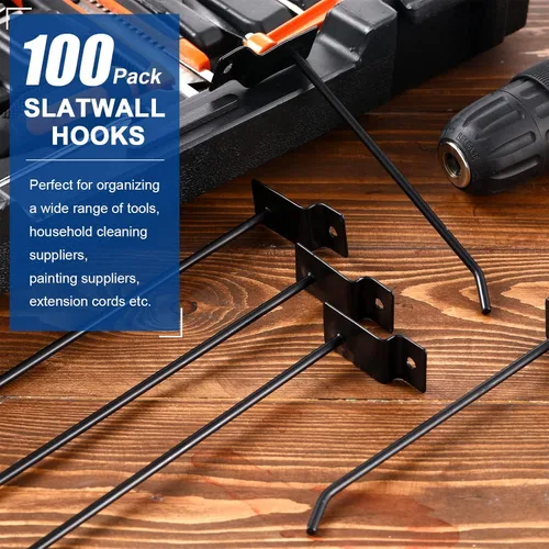 Miniatura 6 de Moxweyeni Paquete de 100 ganchos para paneles de pizarra, accesorios de clavijas resistentes para colgar, soportes de metal para garaje, tienda Negro