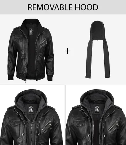 Miniatura 3 de Blingsoul Chaqueta de cuero para hombre Chaquetas de cuero negras con capucha desmontable para hombres