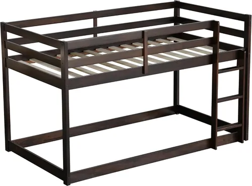 Miniatura 8 de Litera de tamaño individual sobre individual, litera de piso con escalera, barandillas de seguridad, literas de madera para camas individuales