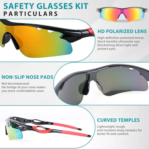 Miniatura 3 de Gafas de tiro con 5 lentes intercambiables y estuche de transporte, gafas de seguridad antivaho para caza, para hombres y mujeres Marco rojo