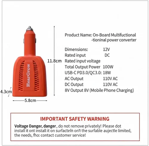 Miniatura 7 de HearGrow - Inversor de corriente para automóvil de 100 W, adaptador de corriente continua de 12 V a 110 V CA con puertos USB-C PD y QC3.0 de 18 W